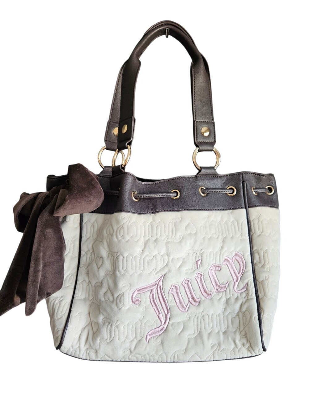 Juicy Couture Vintage Velour Dreams Tote Daydreamer Pink/Choc/Cream Y2K Bow
